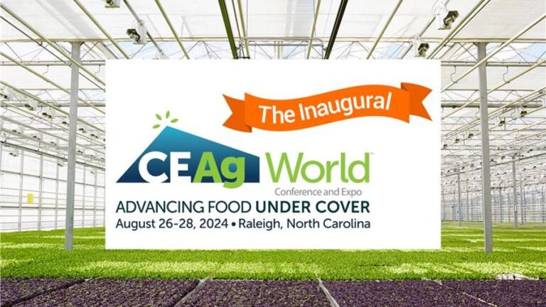 CEAg World Conference and Expo banner and logo with a greenhouse background