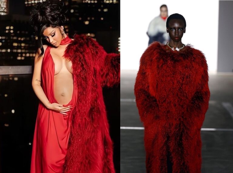 Cardi B Announces Her 3rd Baby Wearing Red Fall 2024 Prabal Gurung Fur Coat and Gown copy