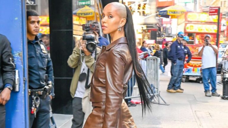 FKATwigs Struts in a Brown Leather Celine Look with Windowsen Boots While Promoting The Crow in New York feat image