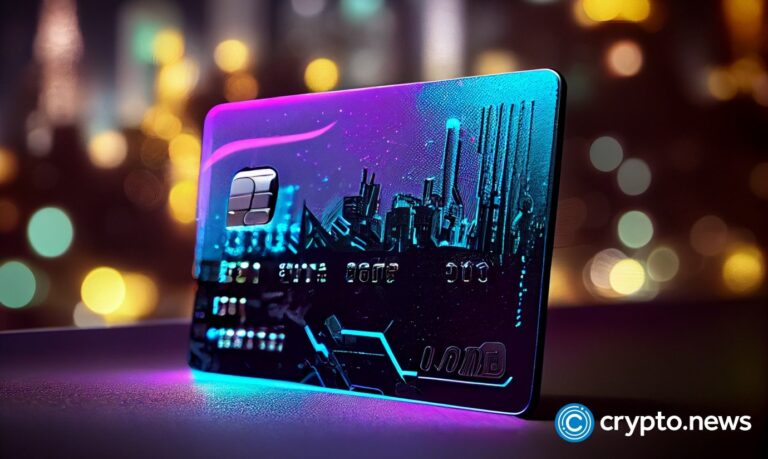 crypto news credit card front side view brigh neon light blurry city background cyberpunk style