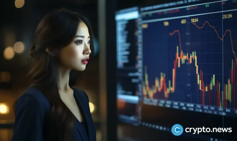 crypto news Asian woman in business shows trading charts people talk office background dark tones