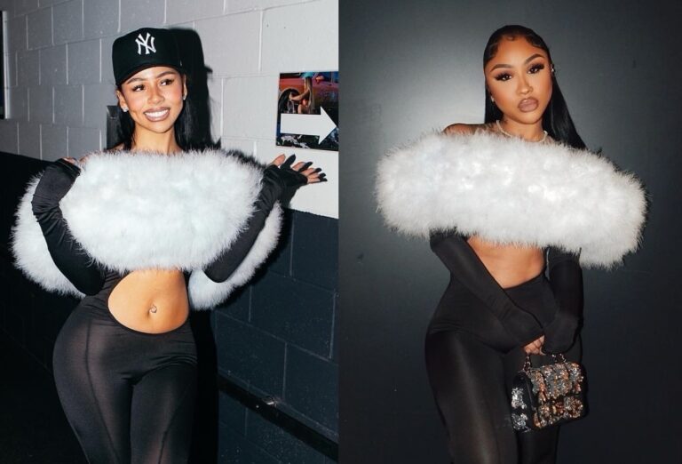 Who Wore it Better Mariah the Scientist vs. Ari Fletcher in BoisCamp s Faux Fur Trimmed Cut Out Black Catsuit copy