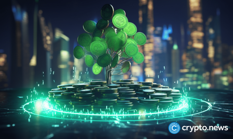 crypto news green tree grows out of hologram coins modern city background bright neon colors cyberpunk style v5.2