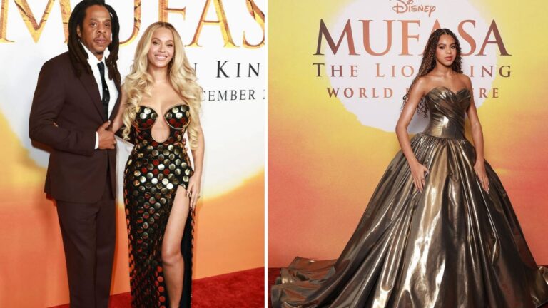 Beyonce Stuns in a Gold Studded Balmain x LionKing Dress Blue Ivy Exudes Glamour in a Gold Christian Siriano Gown and Jay Z Looks Dapper in Fendi at the Disney Mufasa Premiere feat image