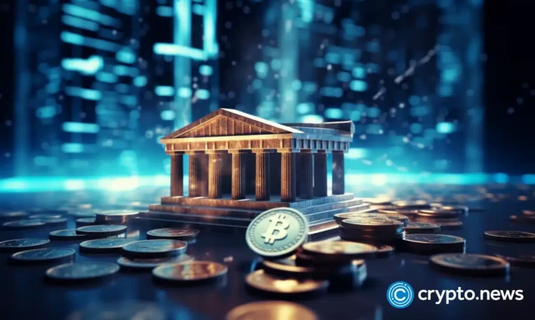 crypto news Central Bank Digital Currency blurry tokens and white papers and blockchain business background dark tones low poly style