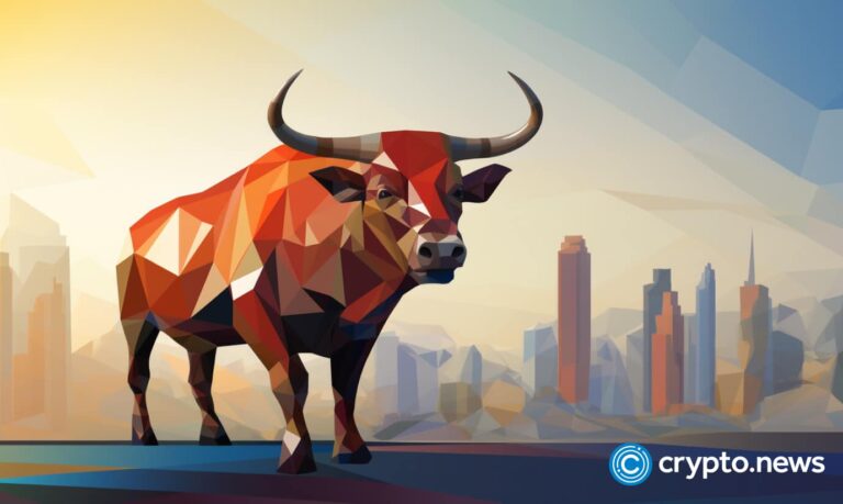 crypto news bull front side view modern city background low poly style v5.2