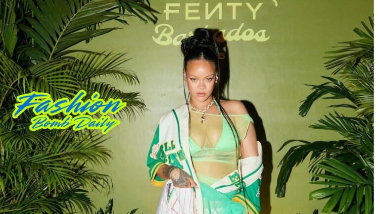 Rihanna Celebrated the Latest Fenty X Puma Collection in a White Pinstripe Jersey and a Seafoam Gree